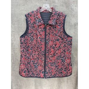 Reversible Quilted Vest Womens XL Navy‎ Geometric Red Floral Boho Cottagecore